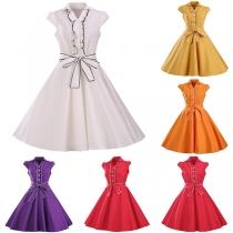 Fashion Solid Color Cap Sleeve POLO Collar High Waist Dress
