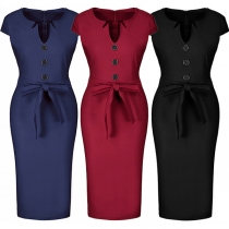 Elegant Solid Color Short Sleeve V-neck Slim Fit Dress