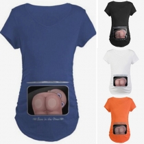 Cute Cartoon Printed Short Sleeve Round Neck T-shirt for Pregnant Woman