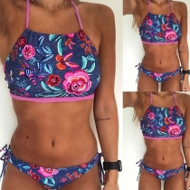 Sexy Backless Low-waist Printed Halter Bikini Set 