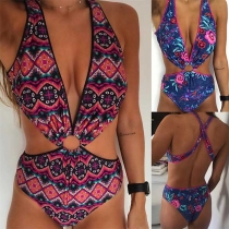Sexy Backless Deep V-neck Printed One-piece Swimsuit