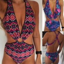 Sexy Backless Deep V-neck Printed One-piece Swimsuit