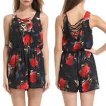 Sexy V-neck Sleeveless Elastic Waist Printed Romper