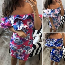 Sexy Ruffle Boat Neck Slim Fit Printed Dress