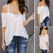 Sexy Off-shoulder Short Sleeve Lace Spliced V-neck Sling T-shirt