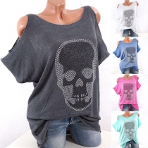 Sexy Off-shoulder Short Sleeve Skull Head Printed T-shirt