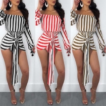 Sexy Off-shoulder Boat Neck Long Sleeve Lace-up Striped Romper 