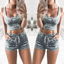  Sexy Sleeveless Crop Top + High Waist Shorts Two-piece Set 