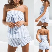 Sexy Strapless Lace-up Striped Top + Shorts Two-piece Set 
