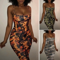 Sexy Contrast Color Gallus Boat-neck Sleeveless Slim Fit Camouflage Dress