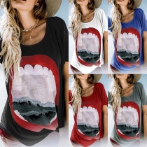 Fashion Lip Printed Short Sleeve Round Neck T-shirt 