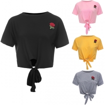 Fashion Short Sleeve Round Neck Rose Embroidered Crop Top 