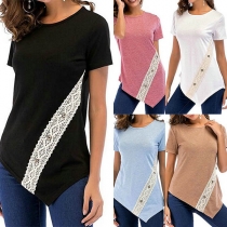 Fashion Short Sleeve Round Neck Lace Spliced Irregular Hem T-shirt 