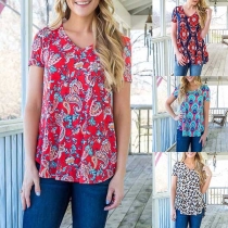 Fashion Short Sleeve V-neck Printed Loose Top 