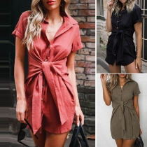 Fashion Solid Color Short Sleeve POLO Collar Lace-up Shirt Dress