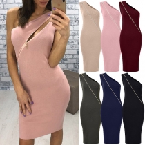 Sexy One-shoulder Sleeveless Solid Color Slim Fit Knit Dress