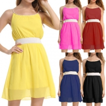 Fashion Solid Color High Waist Sling Chiffon Dress