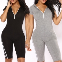 Fashion Striped Spliced Short Sleeve Hooded Sports Romper 