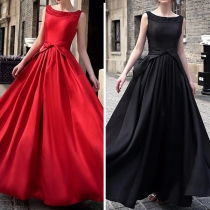 Elegant Solid Color Sleeveless Round Neck High Waist Party Dress
