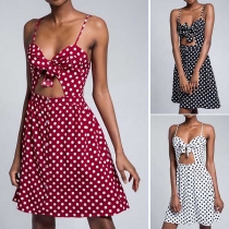 Sexy Backless Hollow Out High Waist Dots Printed Sling Dress