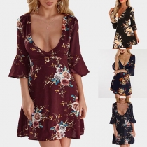 Sexy Deep V-neck Trumpet Sleeve Printed Dress