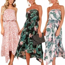 Sexy Strapless High Waist Irregular Hem Printed Dress