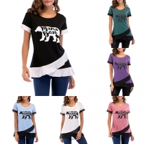 Fashion Contrast Color Short Sleeve Crossover Hem T-shirt 