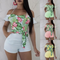 Sexy Off-shoulder Lotus Sleeve High Waist Printed Spliced Romper
