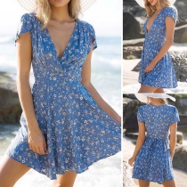 Sexy Deep V-neck Short Sleeve Printed Dress