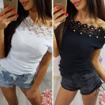 Sexy Lace Spliced Boat Neck Pearl Inlaid T-shirt 