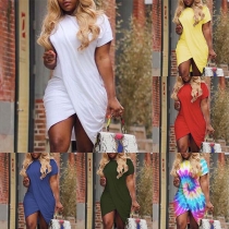 Fashion Short Sleeve Round Neck Irregular Hem Dress