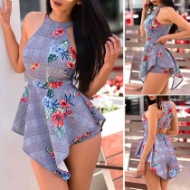 Sexy Backless Sleeveless High Waist Irregular Hem Printed Romper