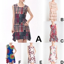 Fashion Sleeveless Round Neck Sleeveless Irregular Hem Printed Dress