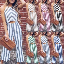 Sexy Contrast Color Off-shoulder Striped Hollow Out Sleeveless Loose Jumpsuit