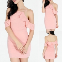 Sexy Off-shoulder Solid Color Slim Fit Ruffle Sling Dress