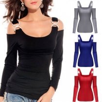 Sexy Off-shoulder Long Sleeve Solid Color T-shirt 