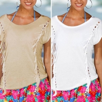 Fashion Solid Color Short Sleeve Round Neck Tassel T-shirt 