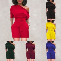 Sexy One-shoulder Half Sleeve Solid Color Slim Fit Romper 