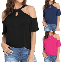 Sexy Off-shoulder Short Sleeve Solid Color Loose Top