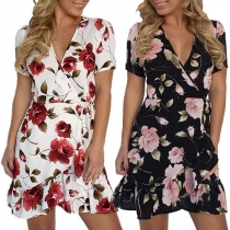 Sexy V-neck Irregular Fuffle Hem Short Sleeve Printed Dress