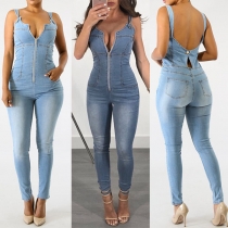 Sexy Deep V-neck Zipper-front Blackless Denim Caim Jumpsuit