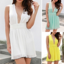 Sexy Deep V-neck Lace-up Backless Pleated Hem Sleeveless Dress