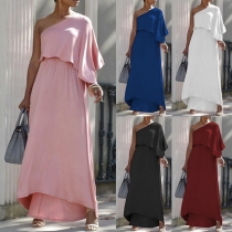 Fashion Solid Color Oblique Shoulder Flounce Layer Irregular Hem Dress