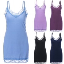 Sexy Backless V-neck Lace Spliced Solid Color Sling Dress