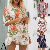 Fashion Half Sleeve Round Neck Ruffle Hem Printed Dress