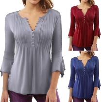 Sexy V-neck Solid Color Trumpet Sleeve Pin-tuck Slim-fit Top