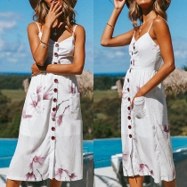 Sexy V-neck Backless Button-front Floral Print Cami Dress