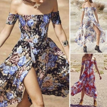 Sexy Off-shoulder Boat Neck Slit Hem Printed Dress