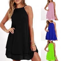 Fashion Solid Color Muti-layer Hem Mini Sling Dress