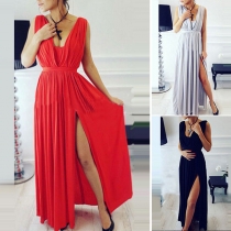 Sexy V-neck Solid Color Sleeveless High-slit Hem Dress